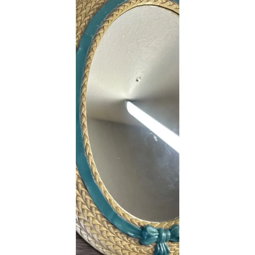Vintage Burwood Faux Wicker Oval Mirror 2939 Teal Ribbon USA Wall Cottagecore